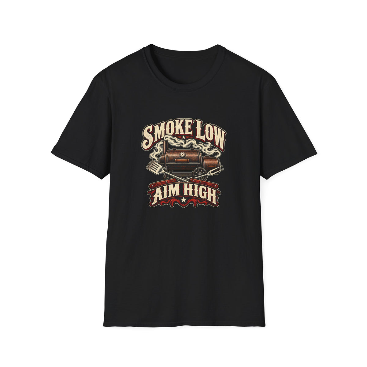 Smoke Low Aim High T-Shirt | Vintage BBQ Smoker Pitmaster Tee