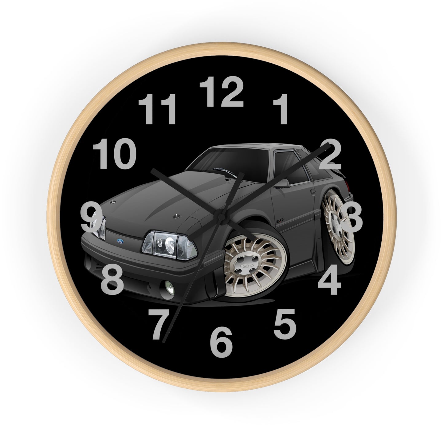 Mustang Fox Body Classic Muscle Car Wall Clock — Black Vintage Sports Car Clock for Garage & Man Cave