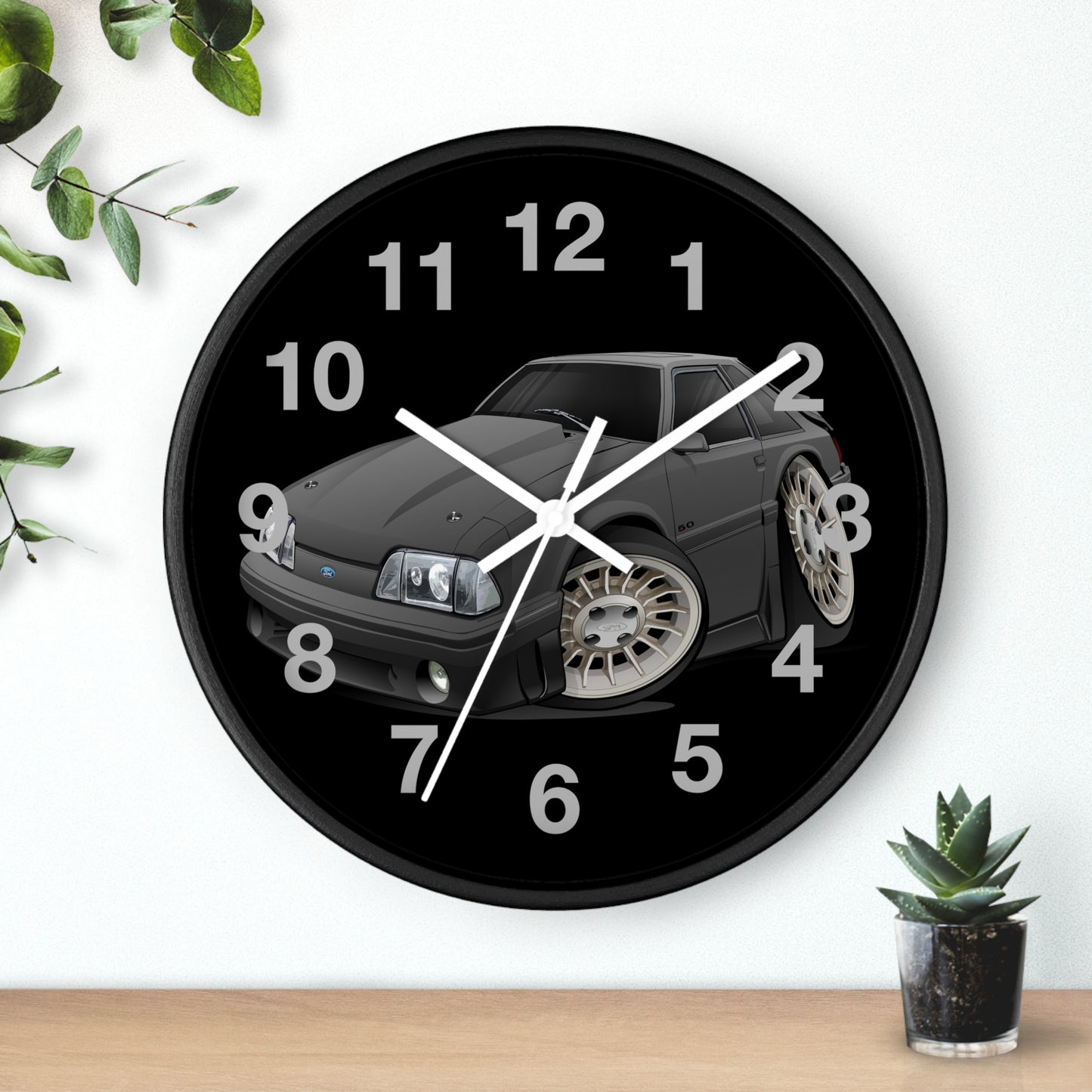 Mustang Fox Body Classic Muscle Car Wall Clock — Black Vintage Sports Car Clock for Garage & Man Cave