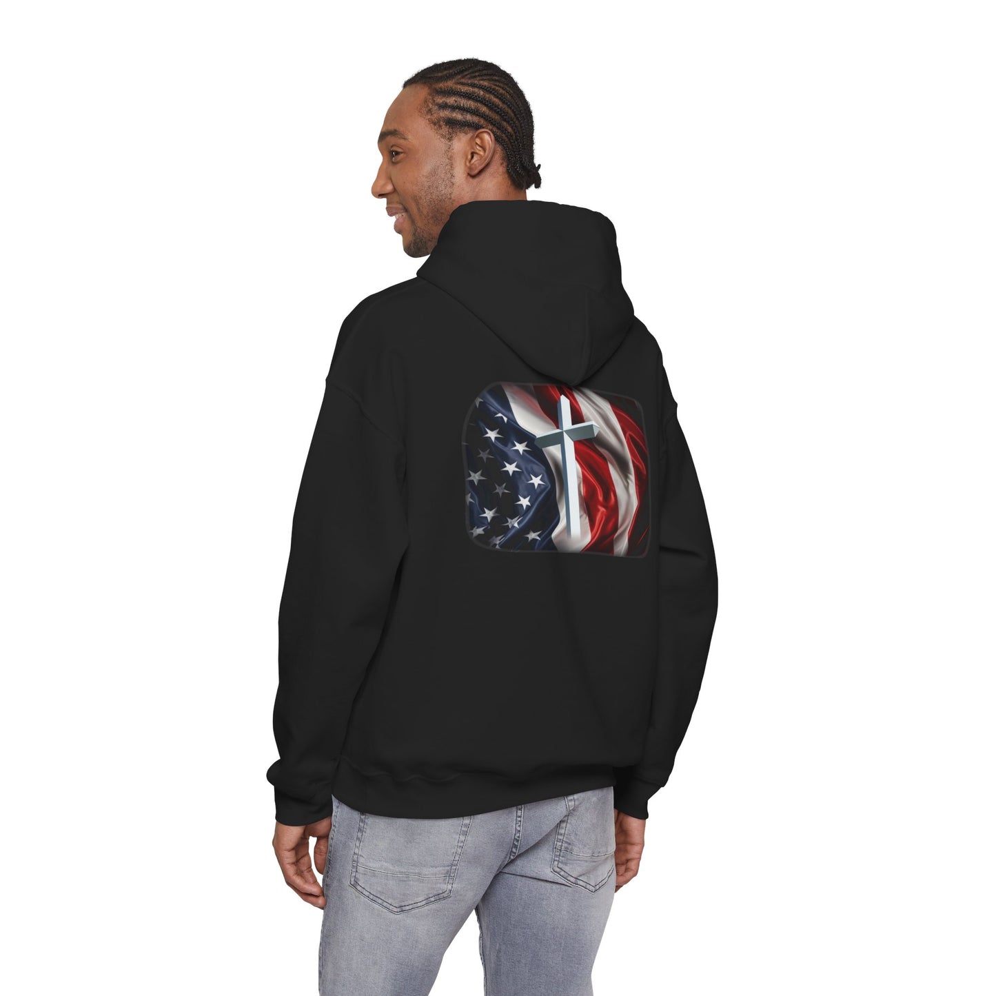Gildan Patriotic Cross Hoodie — American Flag Christian Faith Pullover