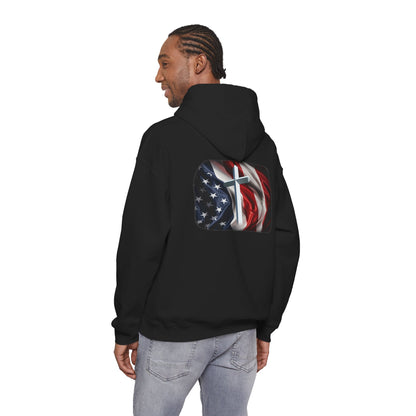 Gildan Patriotic Cross Hoodie — American Flag Christian Faith Pullover
