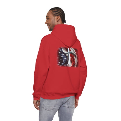 Gildan Patriotic Cross Hoodie — American Flag Christian Faith Pullover