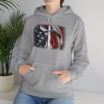 Gildan Patriotic Cross Hoodie — American Flag Christian Faith Pullover