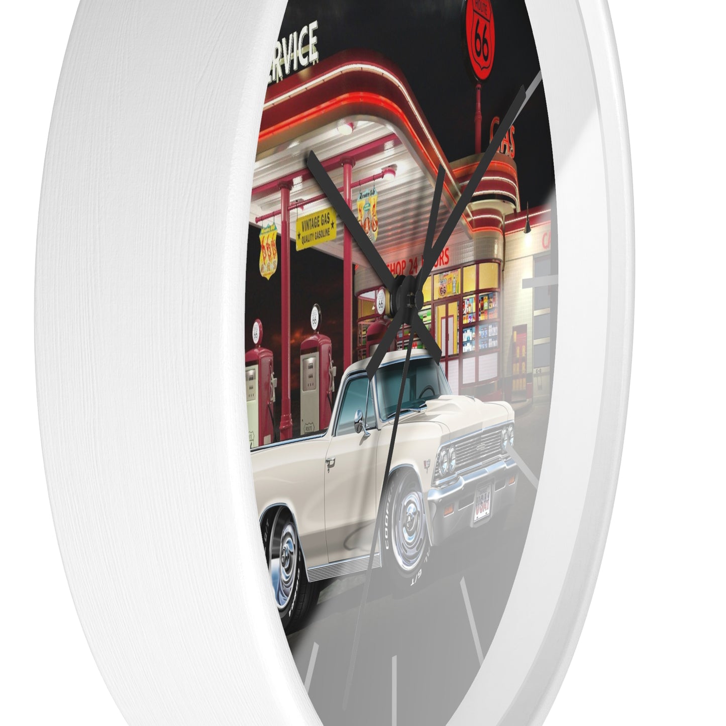 1966 El Camino Classic Car Wall Clock — Retro Route 66 Gas Station Design