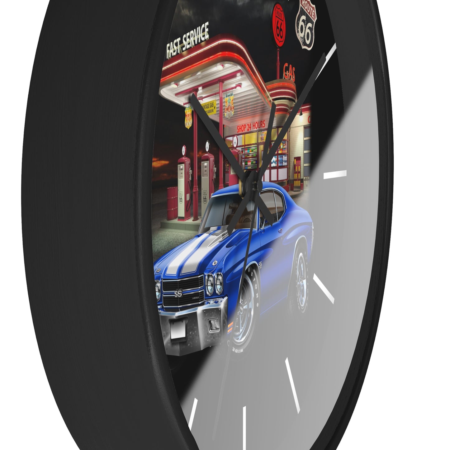 Classic Muscle Car Wall Clock — Blue 1970 Chevelle at Route 66 Gas Station