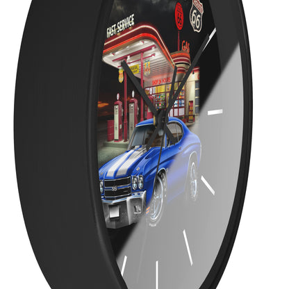 Classic Muscle Car Wall Clock — Blue 1970 Chevelle at Route 66 Gas Station