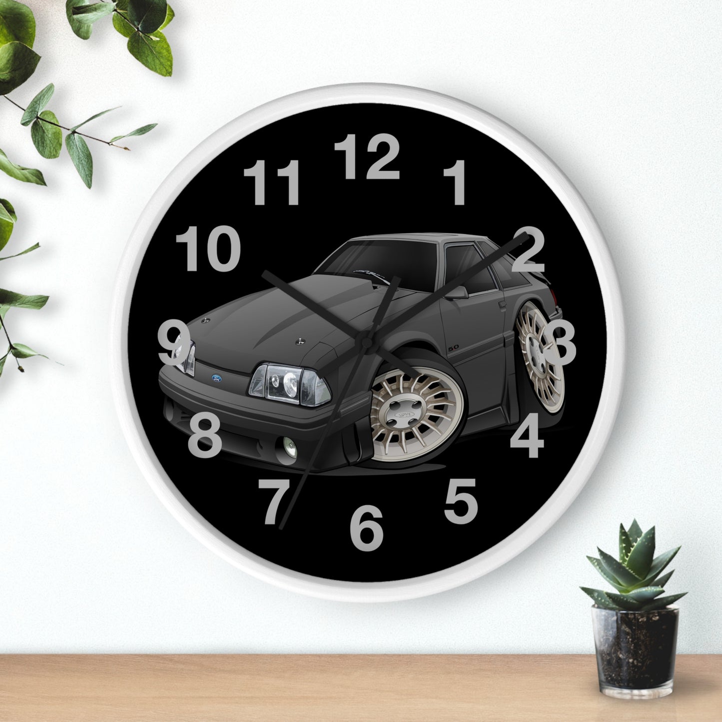 Mustang Fox Body Classic Muscle Car Wall Clock — Black Vintage Sports Car Clock for Garage & Man Cave