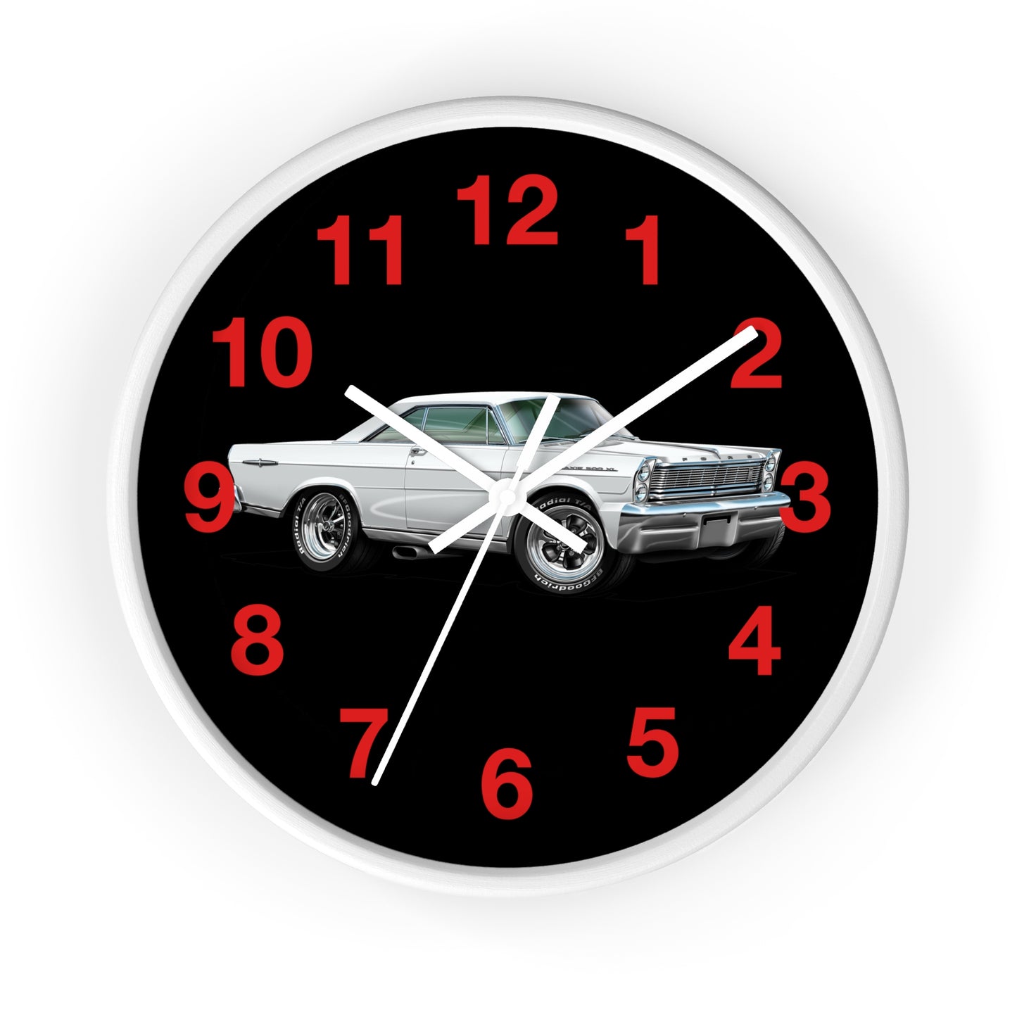 Classic Muscle Car Wall Clock — Retro White 1965 Ford Galaxie Timepiece with Red Numerals