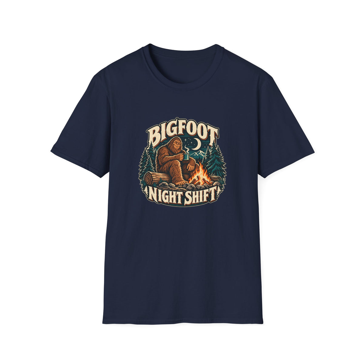 Bigfoot Night Shift T-Shirt | Vintage Sasquatch Campfire Tee