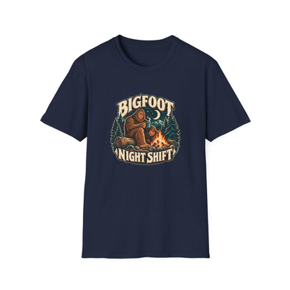 Bigfoot Night Shift T-Shirt | Vintage Sasquatch Campfire Tee