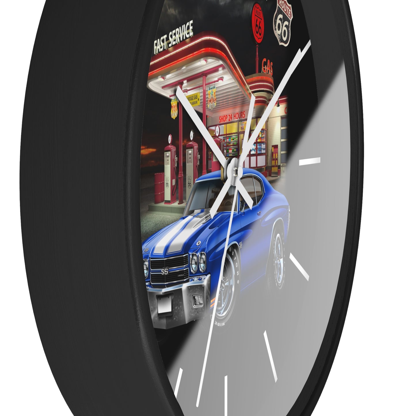 Classic Muscle Car Wall Clock — Blue 1970 Chevelle at Route 66 Gas Station