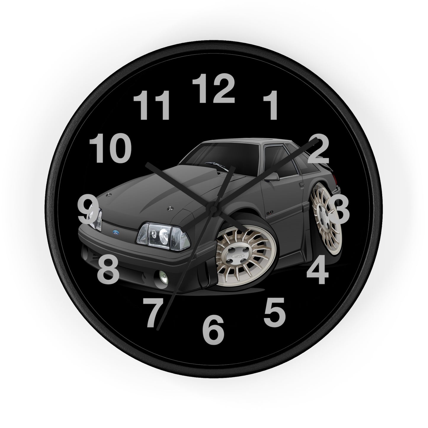 Mustang Fox Body Classic Muscle Car Wall Clock — Black Vintage Sports Car Clock for Garage & Man Cave