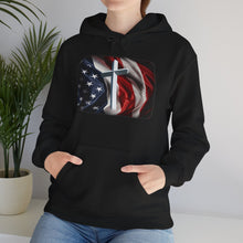 Gildan Patriotic Cross Hoodie — American Flag Christian Faith Pullover