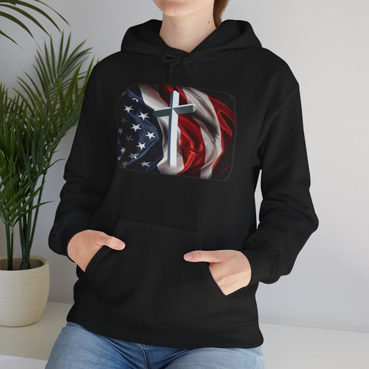 Gildan Patriotic Cross Hoodie — American Flag Christian Faith Pullover