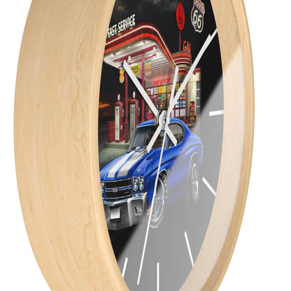 Classic Muscle Car Wall Clock — Blue 1970 Chevelle at Route 66 Gas Station