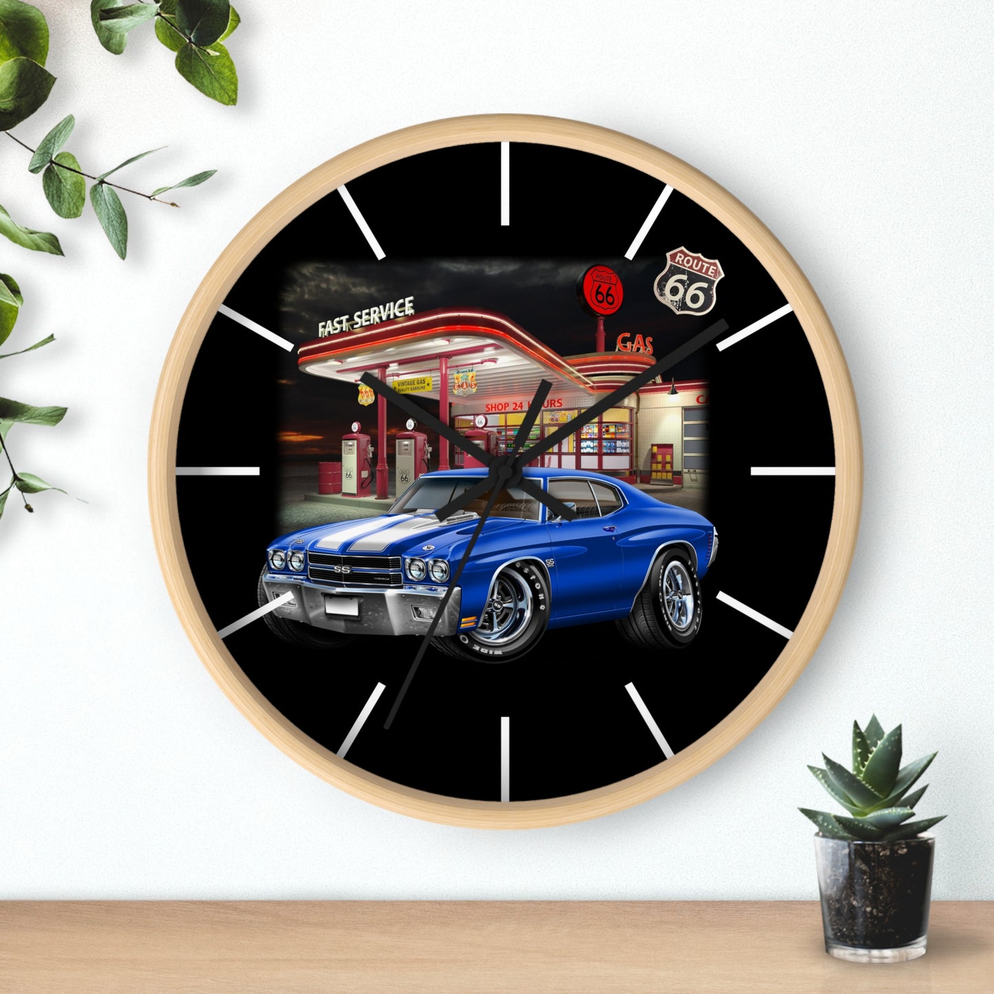 Classic Muscle Car Wall Clock — Blue 1970 Chevelle at Route 66 Gas Station