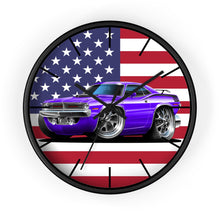 American Muscle Car Wall Clock — Purple Challenger with USA Flag