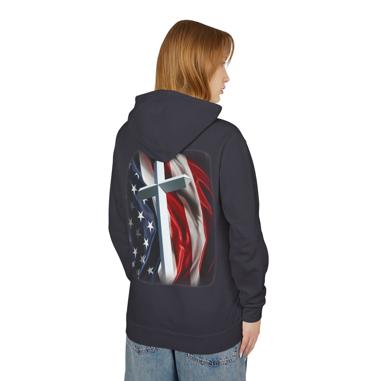 Christian Cross & American Flag Hoodie - Patriotic Faith Sweatshirt