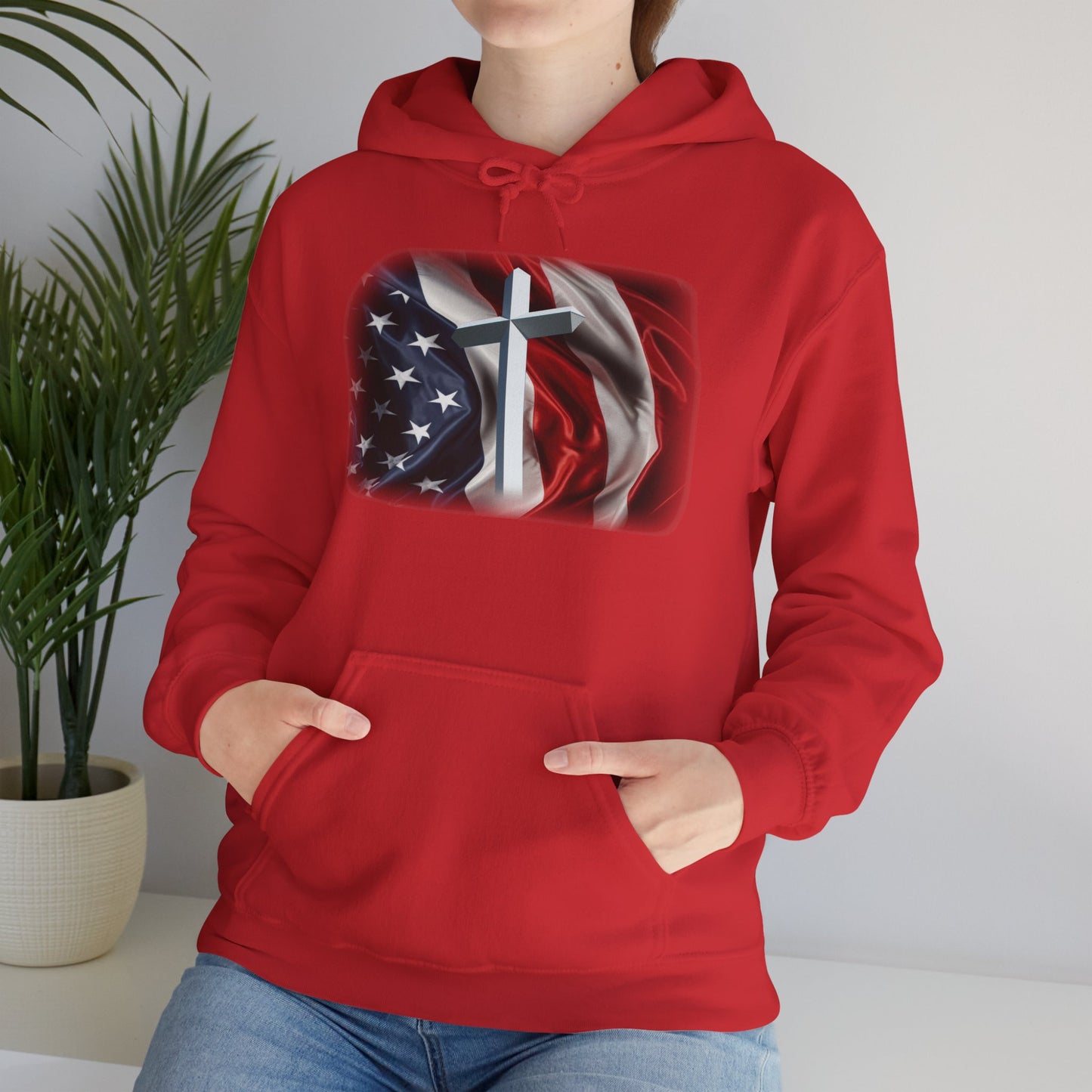 Gildan Patriotic Cross Hoodie — American Flag Christian Faith Pullover