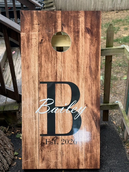 Custom Name, Initial and Date on Aged Wood Cornhole Board Decal Wraps
