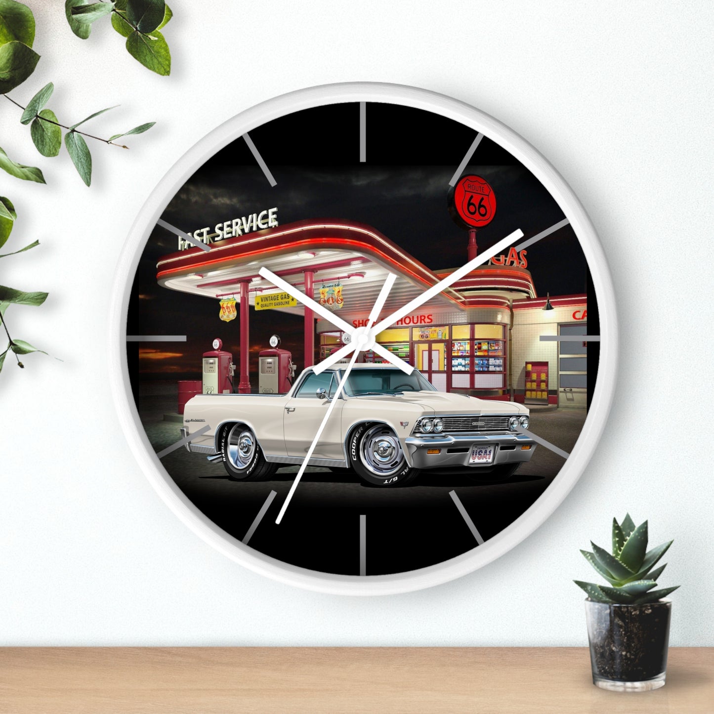 1966 El Camino Classic Car Wall Clock — Retro Route 66 Gas Station Design