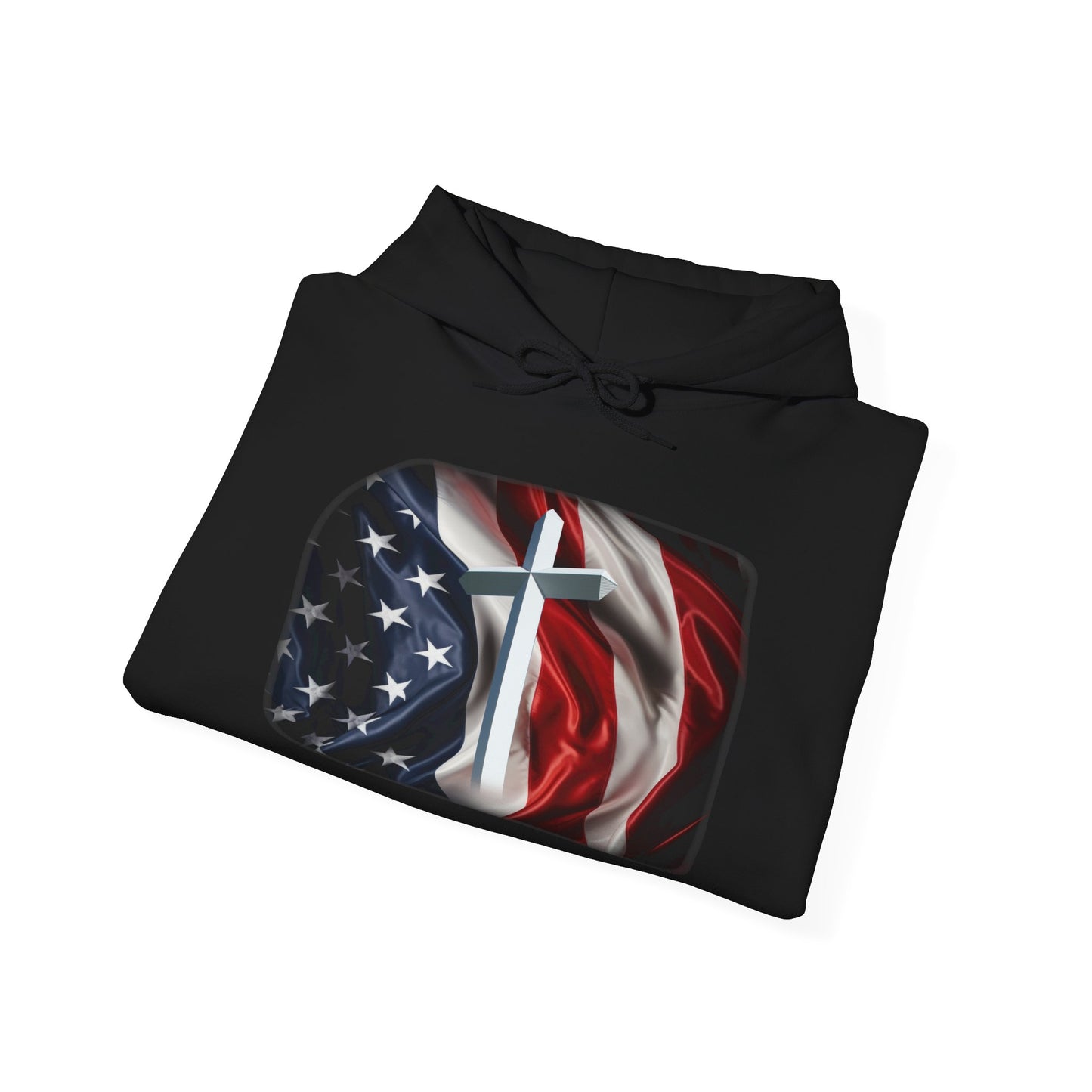 Gildan Patriotic Cross Hoodie — American Flag Christian Faith Pullover