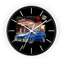 Classic Muscle Car Wall Clock — Blue 1970 Chevelle at Route 66 Gas Station