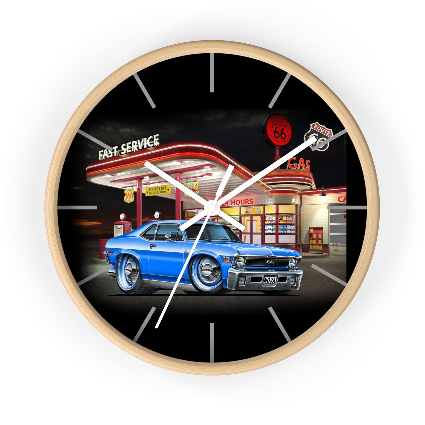 1971 Nova Classic Muscle Car Wall Clock — Blue at Retro Gas Station