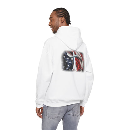 Gildan Patriotic Cross Hoodie — American Flag Christian Faith Pullover
