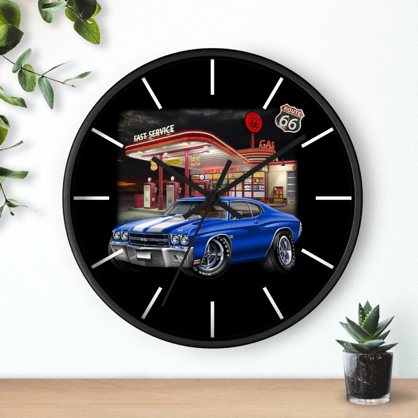 Classic Muscle Car Wall Clock — Blue 1970 Chevelle at Route 66 Gas Station
