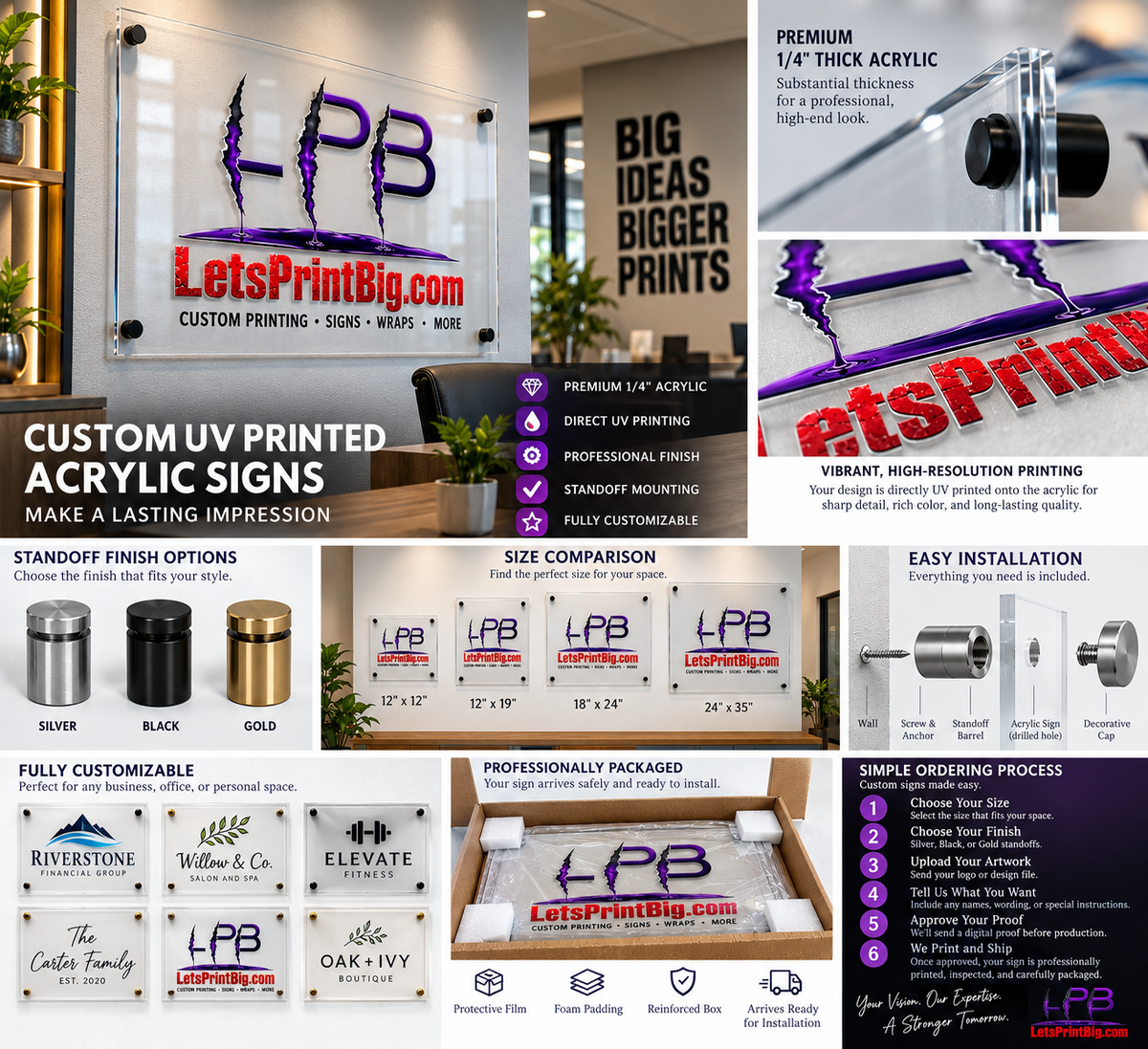 Custom UV Printed CLEAR Acrylic Business Sign with Standoffs