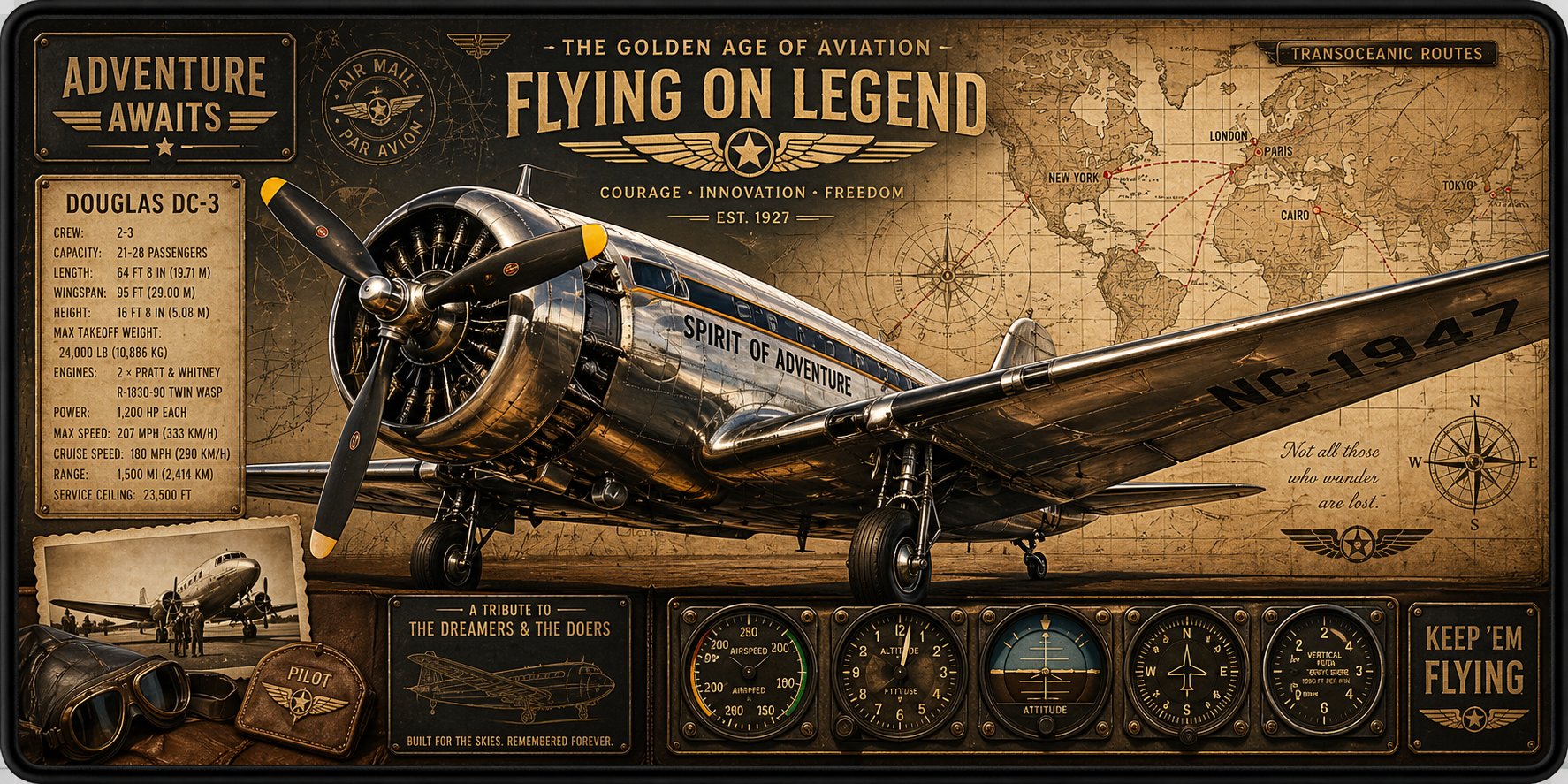 Golden Age Propeller Aviation Desk Mat