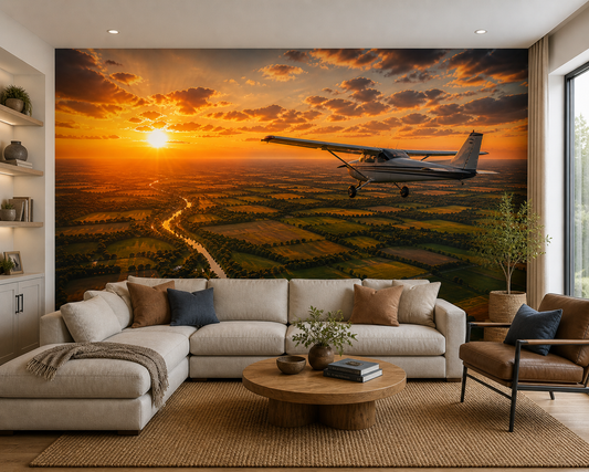 Aerial Farmland Flight Sunset Wall Mural