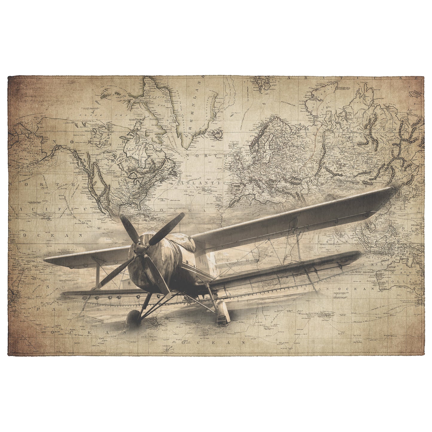 Ag Biplane Sprayer World Map Rug 5 Sizes