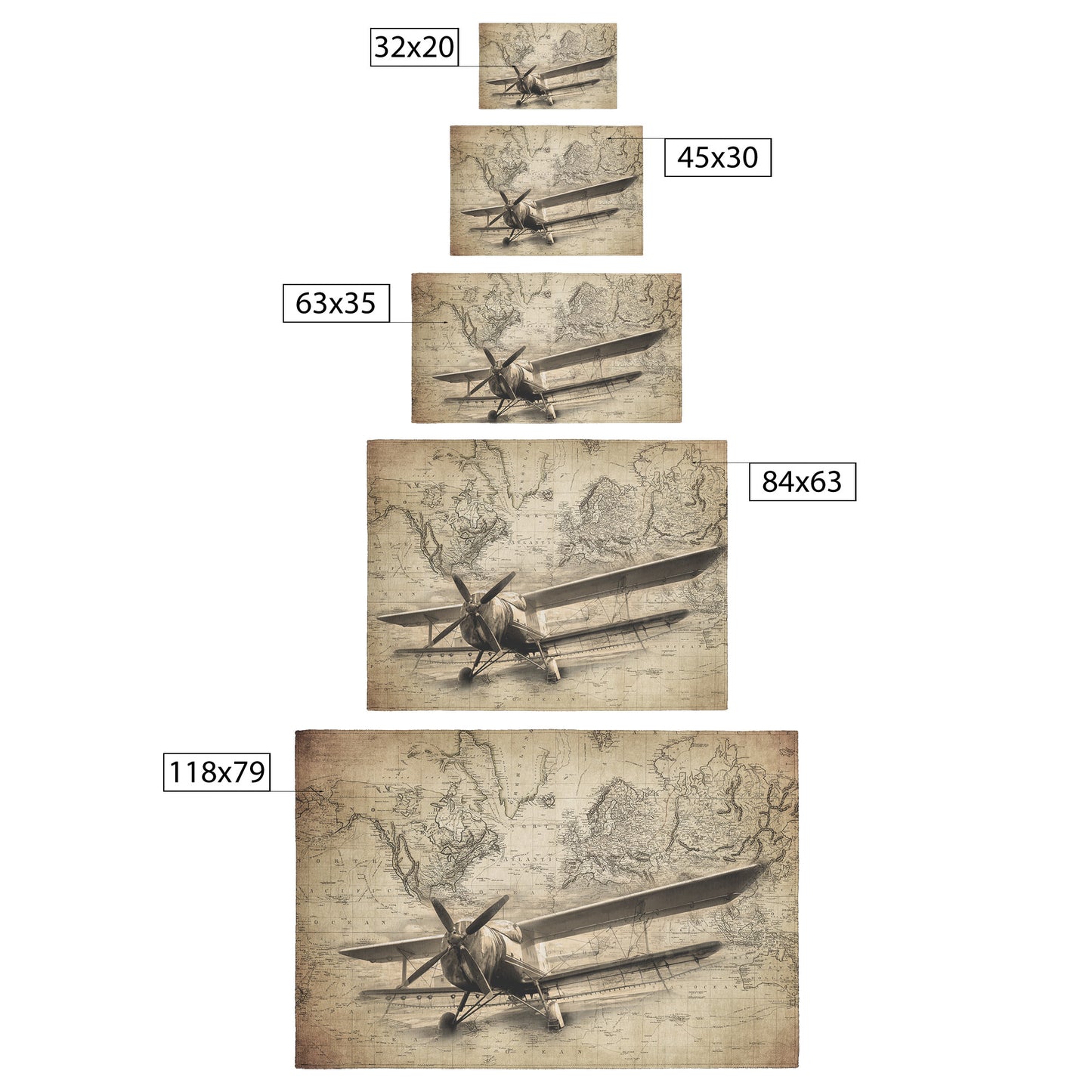 Ag Biplane Sprayer World Map Rug 5 Sizes