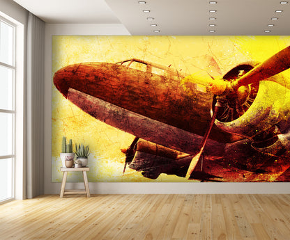 Vintage Airplane Wall Mural Art Military Sepia Wallpaper extra room