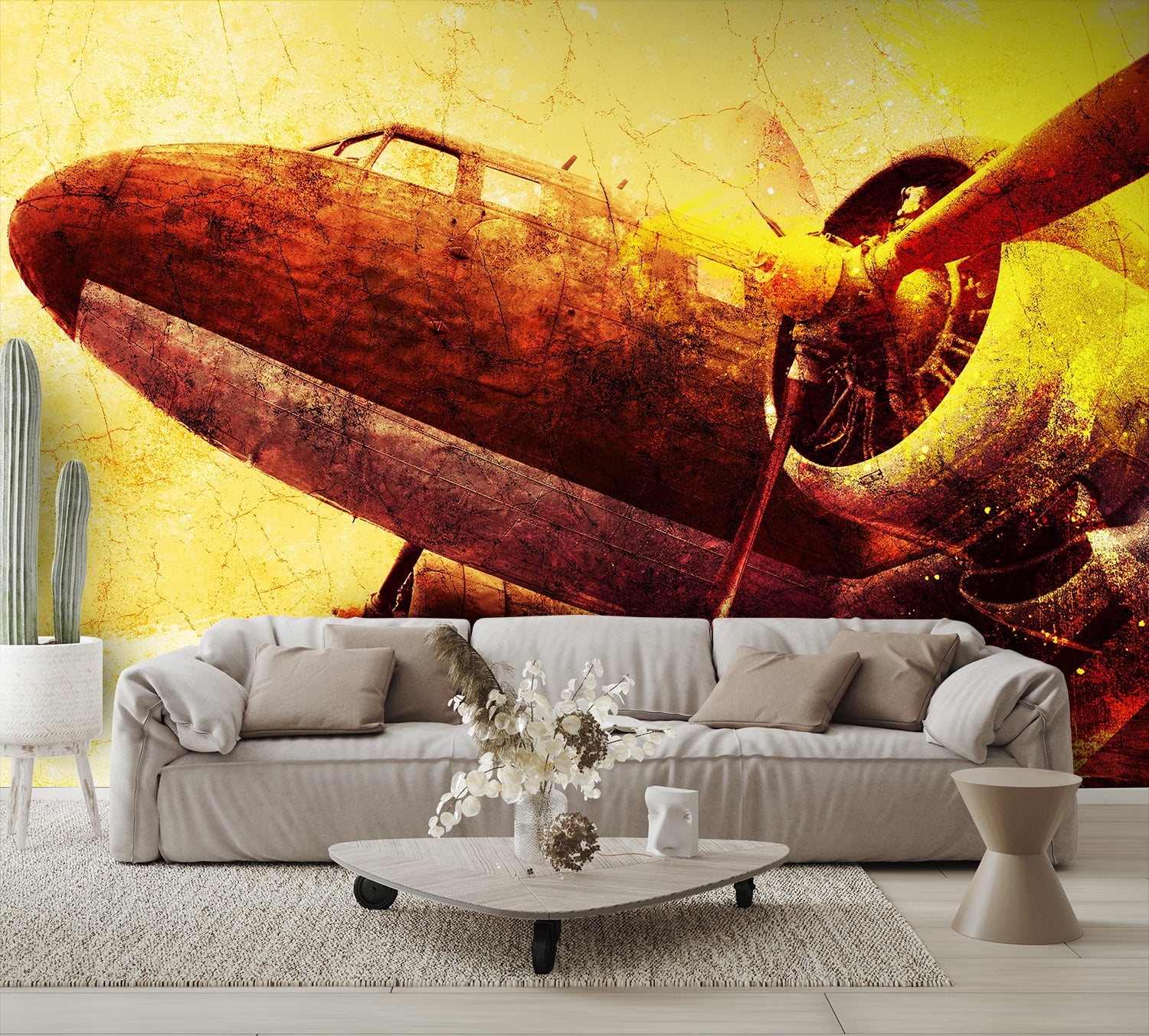 Vintage Airplane Wall Mural Art Military Sepia Wallpaper living room