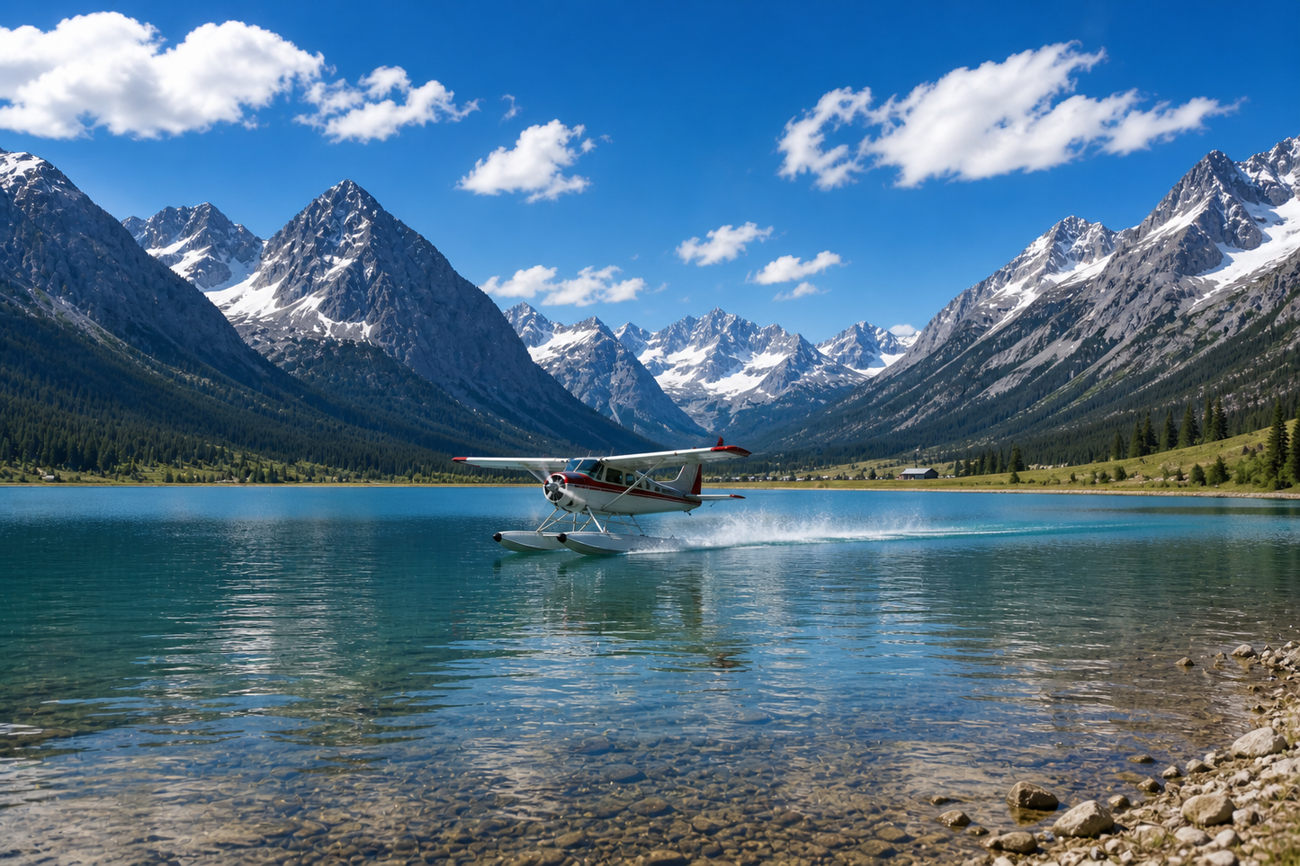 Alpine Lake Bush Plane Landing Wall Mural