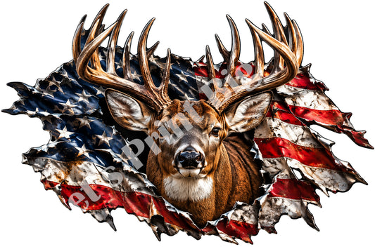Patriotic Whitetail Buck American Flag Contour Cut Decal