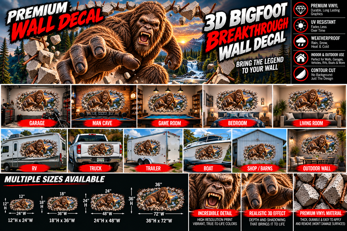 3D Bigfoot Breakthrough Wall Decal – Sasquatch Indoor & Outdoor Premium Vinyl Graphic