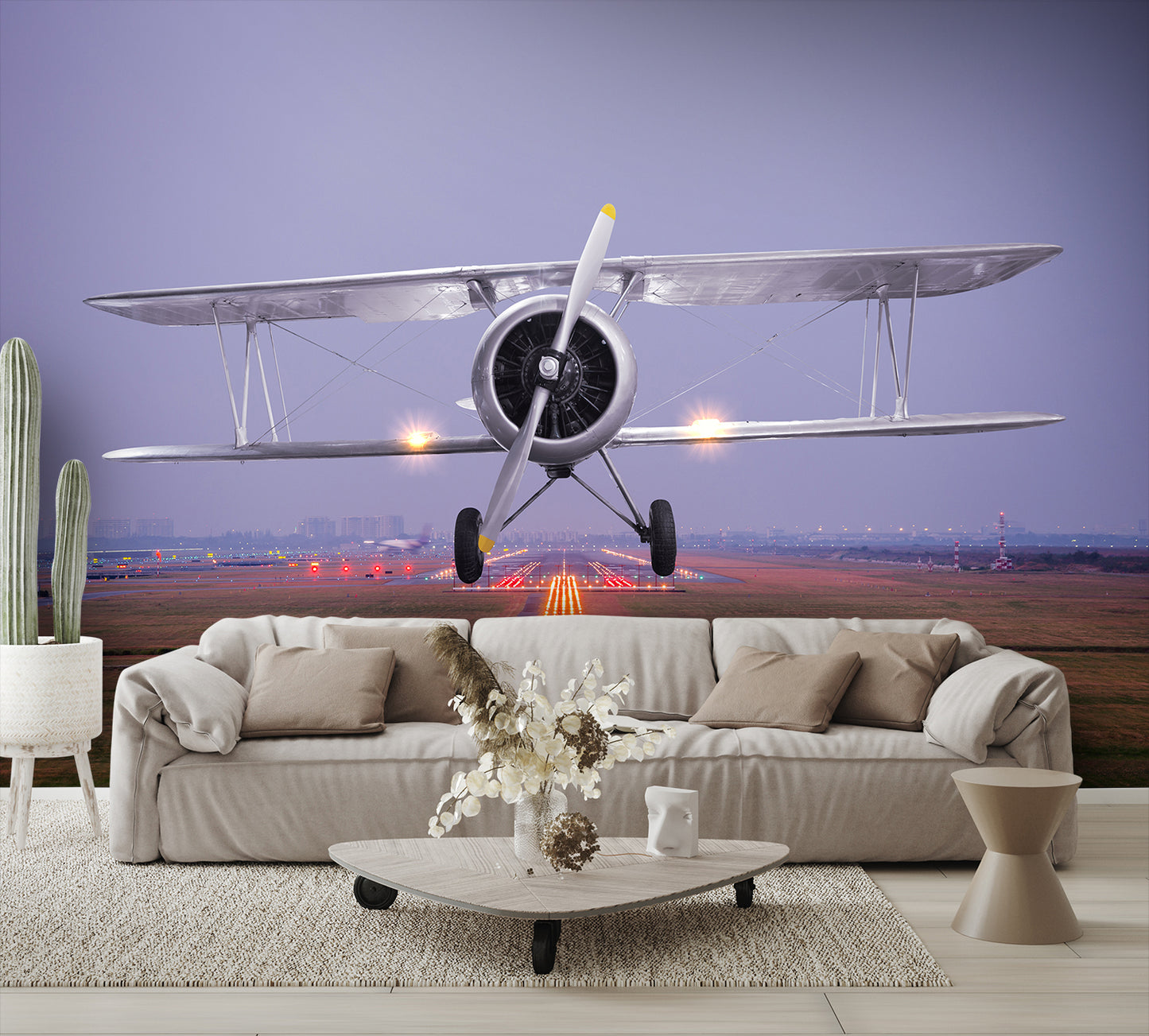 Biplane airplane Wall Mural Takeoff runway wallpaper living room