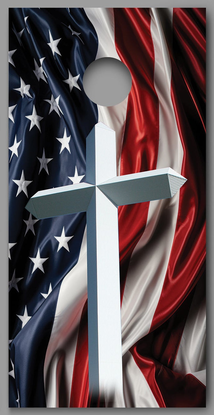 Cross American Flag Draped Red White Blue Corn hole Decal Wraps