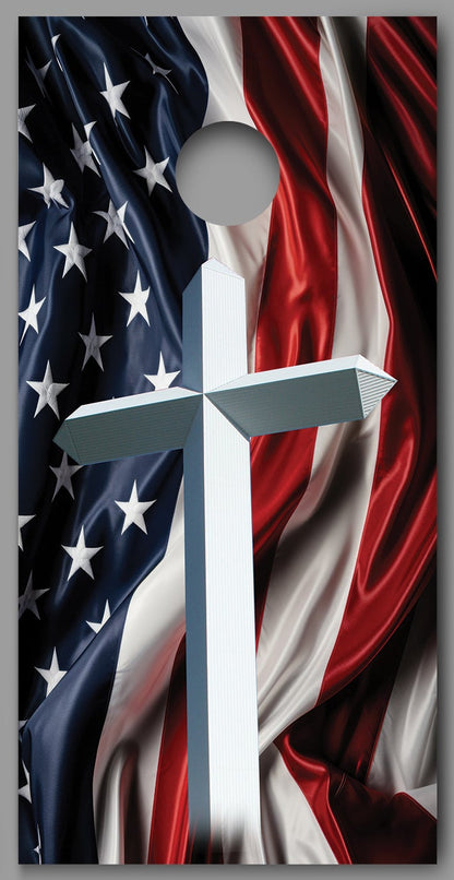 Cross American Flag Draped Red White Blue Corn hole Decal Wraps