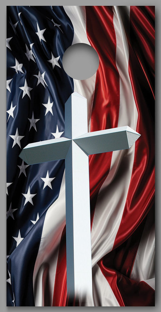 Cross American Flag Draped Red White Blue Corn hole Decal Wraps