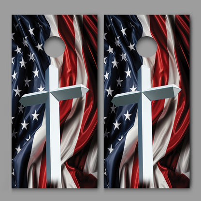 Cross American Flag Draped Red White Blue Corn hole Decal Wraps