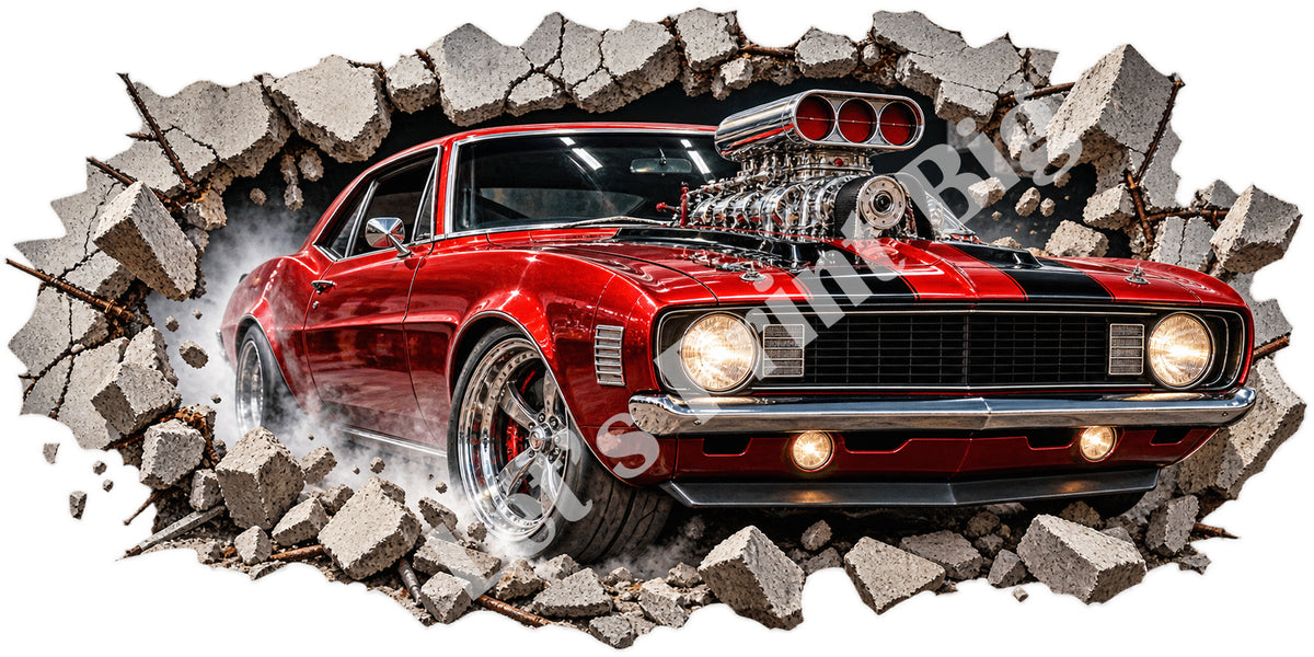 3D Muscle Car Breakthrough Wall Decal – Indoor & Outdoor Premium Vinyl Graphic