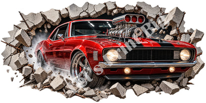 3D Muscle Car Breakthrough Wall Decal – Indoor & Outdoor Premium Vinyl Graphic