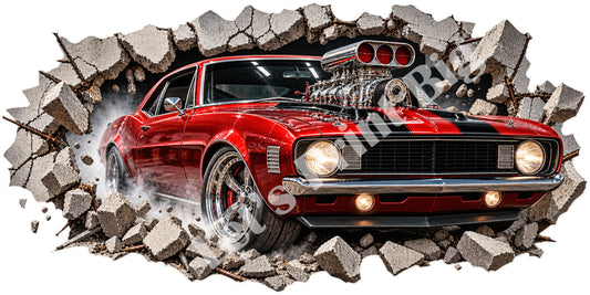3D Muscle Car Breakthrough Wall Decal – Indoor & Outdoor Premium Vinyl Graphic