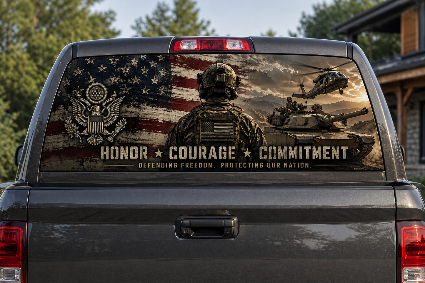 Military Themed Honor Courage Commitment Rear See Through Window Graphic