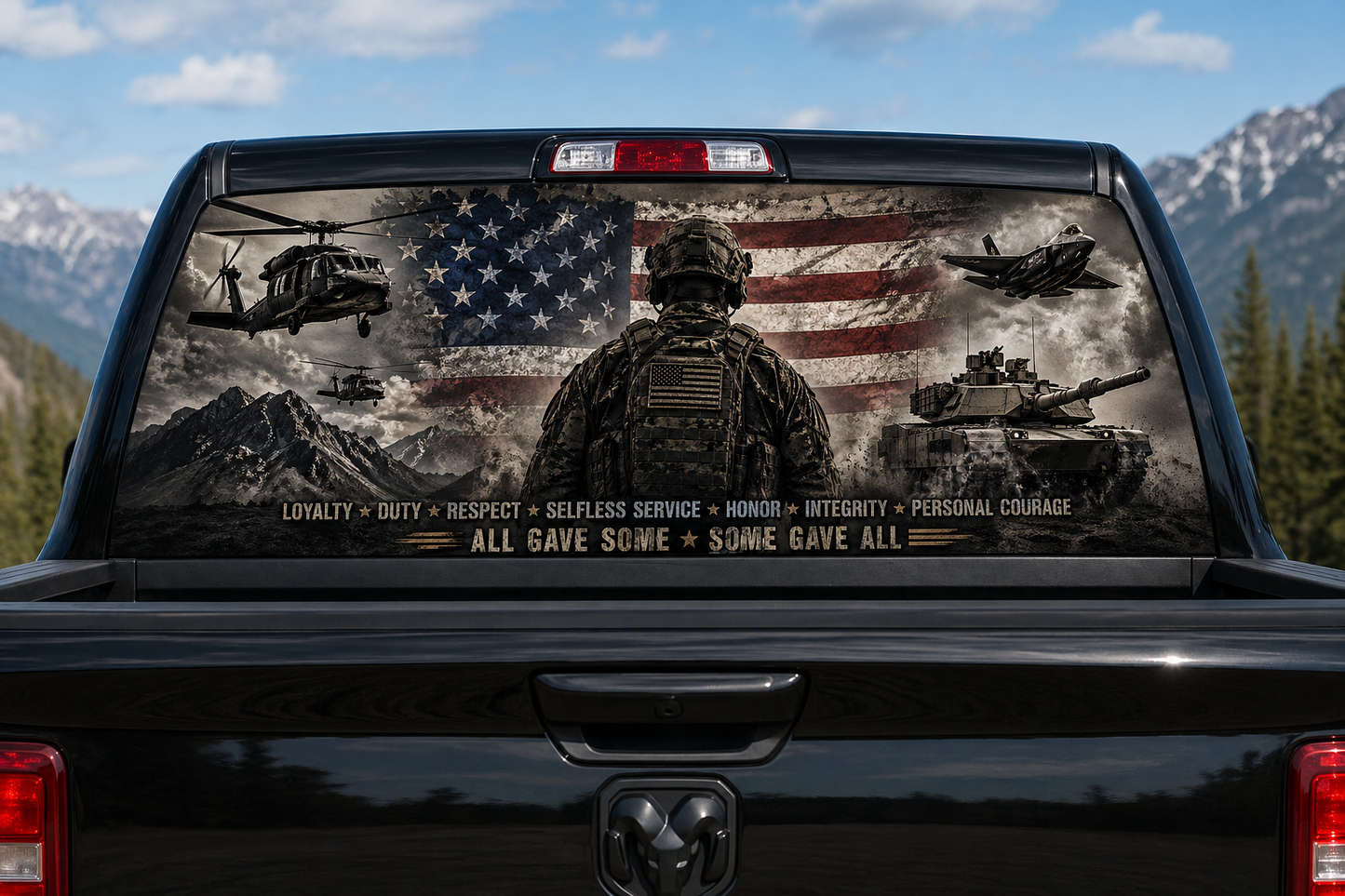Military Themed Some Gave All Rear See Through Window Graphic